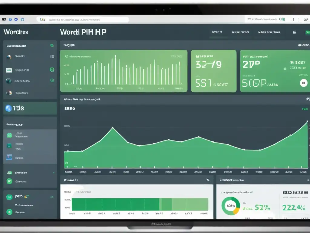 Mejoras de PHP 8 en SEO y Experiencia de Usuario en WordPress Actualización de PHP 8 en WordPress: Dashboard con mejoras de velocidad, seguridad y experiencia del usuario, en un diseño moderno y vibrante