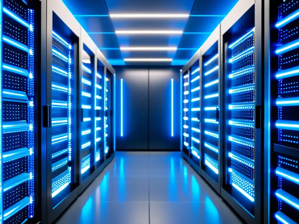 Servidores de alta tecnología en sala ultramoderna Moderna sala de servidores con soluciones efectivas de hosting para Magento lento, bañada en luz azul y diseño futurista