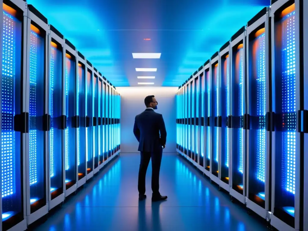 Sala de servidores futurista: Eficiencia y tecnología de vanguardia Moderno centro de servidores blanco con luces LED vibrantes, equipo técnico trabajando, ambiente innovador