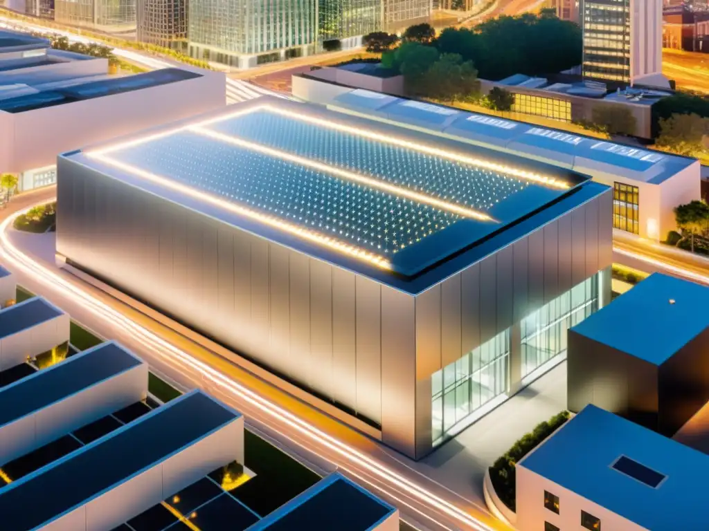Centro de datos moderno en la ciudad: Hosting multidominio Un moderno centro de datos en la ciudad, reflejando el sol en su vidrio