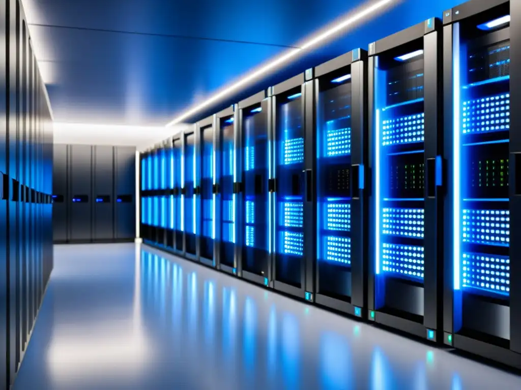 Centro de datos moderno: tecnología avanzada y profesionalidad Un moderno centro de datos con servidores ordenados, iluminación azul y blanca, ideal para la inversión en hosting para PrestaShop