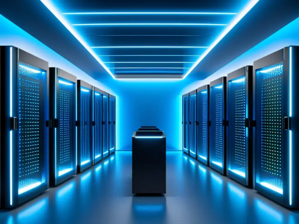 Centro de datos ultradetallado en 8k: Eficiencia y tecnología de vanguardia Un moderno centro de datos con servidores en fila bañados en luz azul, transmite eficiencia y tecnología de vanguardia