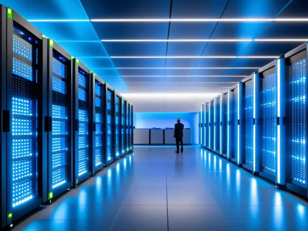 Centro de datos ultradetallado: eficiencia y tecnología de vanguardia Moderno centro de datos con servidores ordenados bañados en luz azul LED