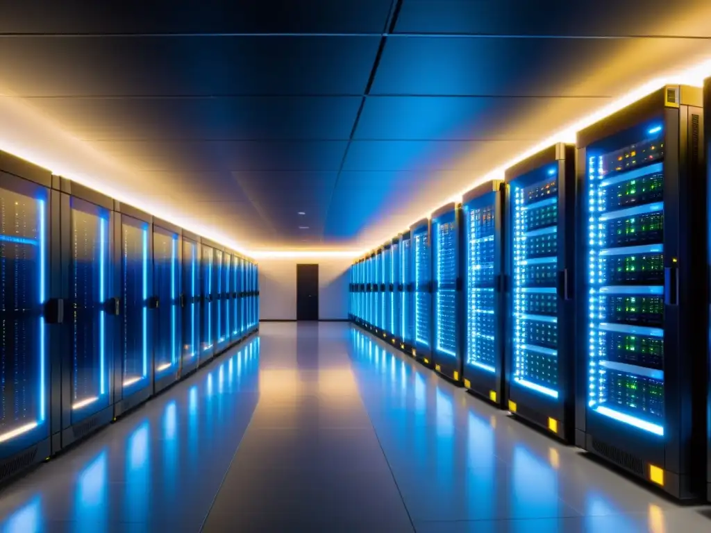 Centro de datos de alta tecnología: eficiencia y fiabilidad Moderno centro de datos con servidores organizados, luces LED vibrantes y técnicos realizando mantenimiento