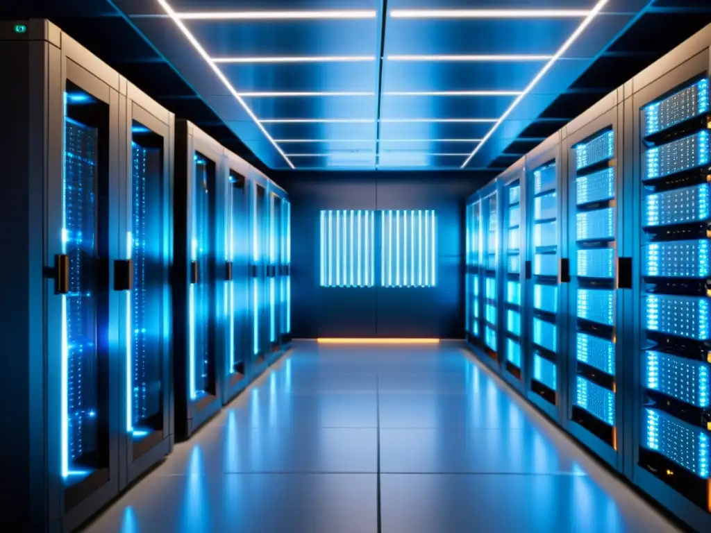 Un moderno centro de datos con servidores ordenados, emitiendo una suave luz azul