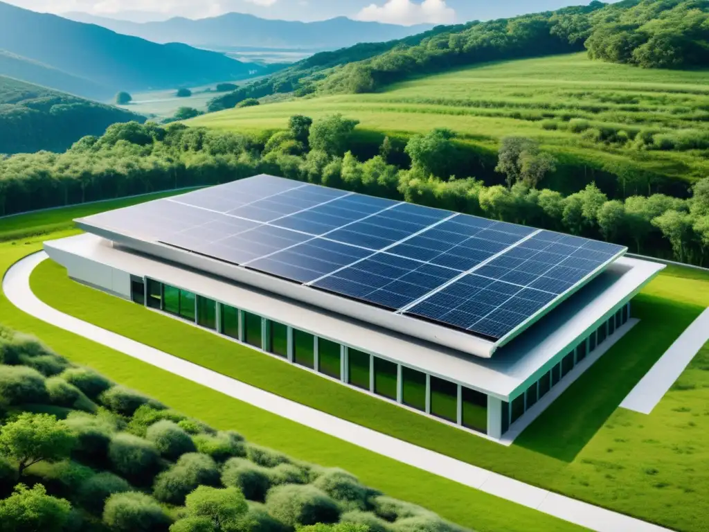 Centro de datos sostenible en paisaje verde Un moderno centro de datos sostenible se integra en un paisaje verde exuberante, mostrando tecnología ecoamigable