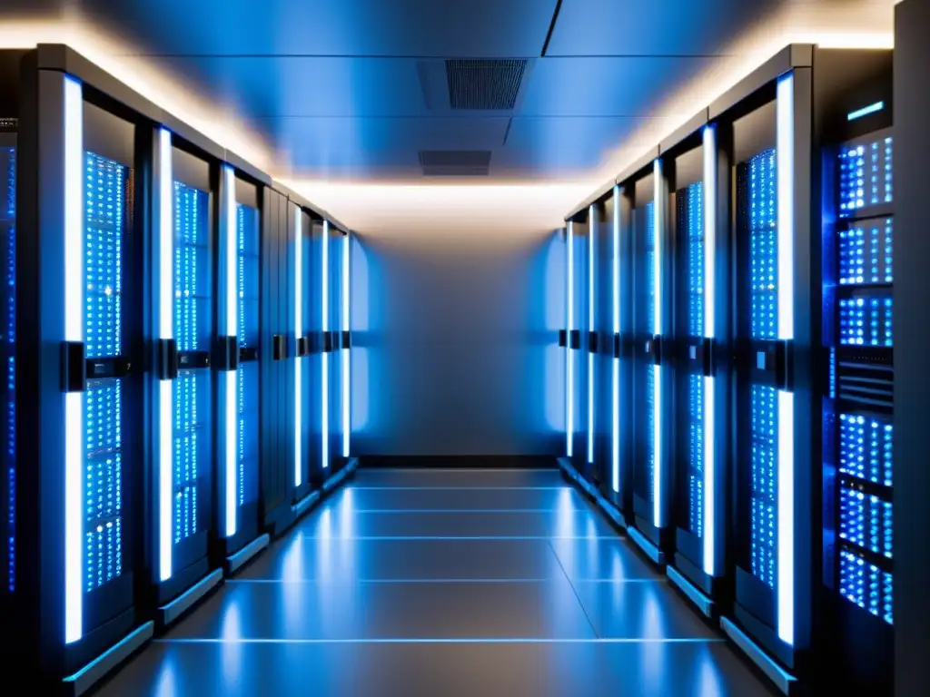 Sala de servidores futurista y ordenada para hosting de calidad Un moderno centro de servidores con racks organizados, iluminación suave y tecnología de vanguardia, ideal para hosting de calidad para SEO