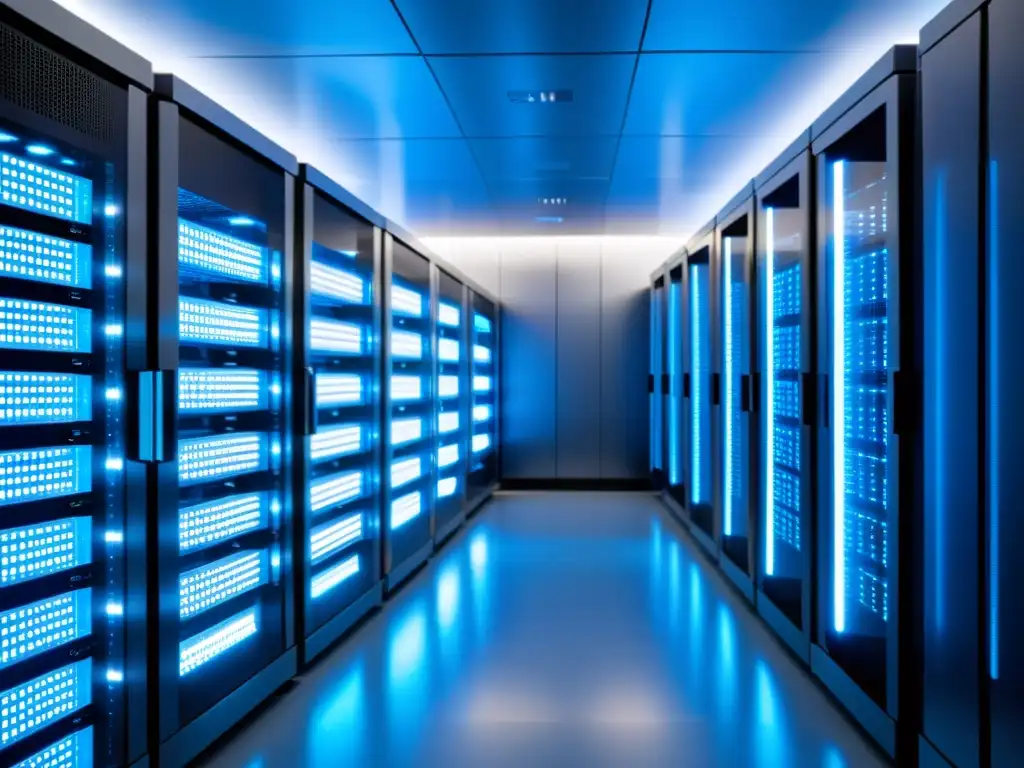 Sala de servidores futurista con tecnología de vanguardia Un moderno centro de servidores iluminado en azul, con tecnología de vanguardia y orden impecable