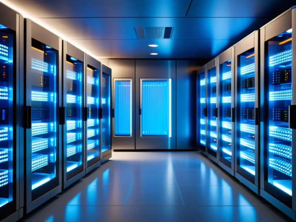 Salas de servidores futuristas: eficiencia y fiabilidad Un moderno centro de servidores iluminado con un suave resplandor azul, que emana fiabilidad y eficiencia
