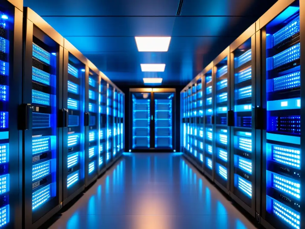 Sala de servidores moderna y eficiente: alta resolución y detalle Moderno centro de servidores iluminado en azul, listo para mejorar el crecimiento del tráfico con WordPress Hosting