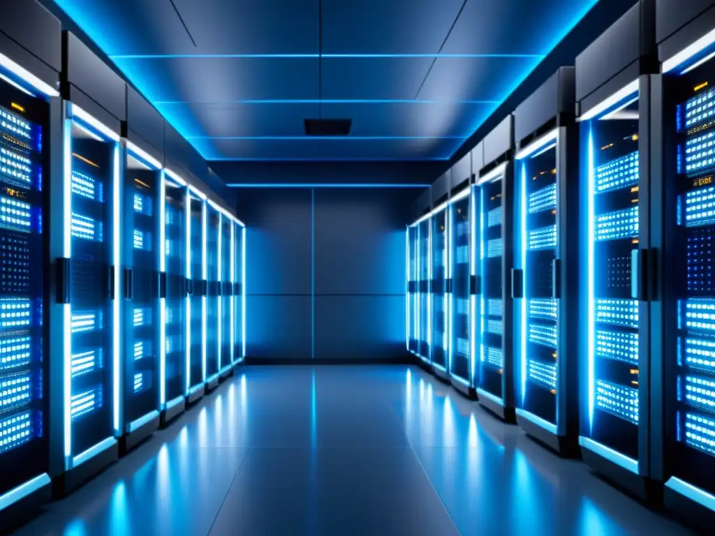 Sala de servidores futurista y profesional Un moderno cuarto de servidores iluminado en azul, con racks organizados
