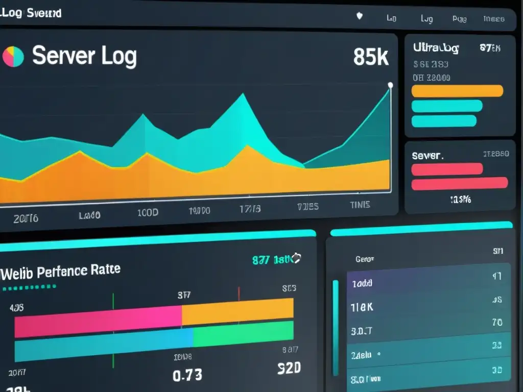 Panel de análisis de registros de servidor: datos claros y vibrantes Un moderno panel de análisis de logs del servidor para SEO con gráficos coloridos que muestran métricas de rendimiento web en vibrantes colores
