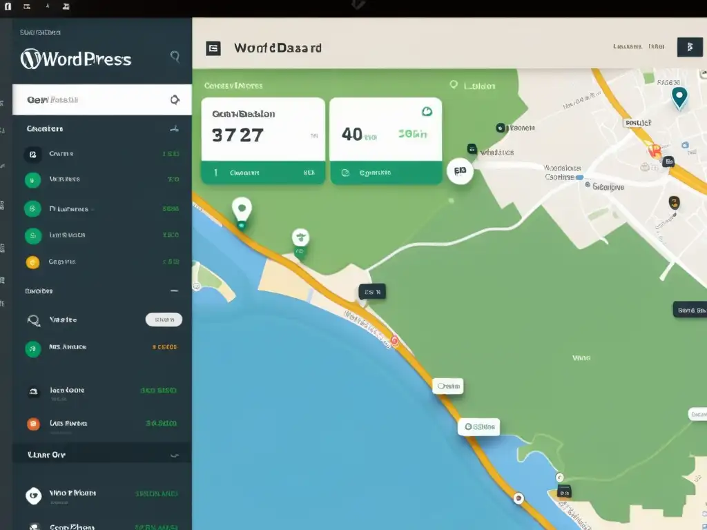 Dashboard WordPress 8k con geolocalización y diseño moderno Un moderno panel de WordPress con geolocalización y diseño limpio