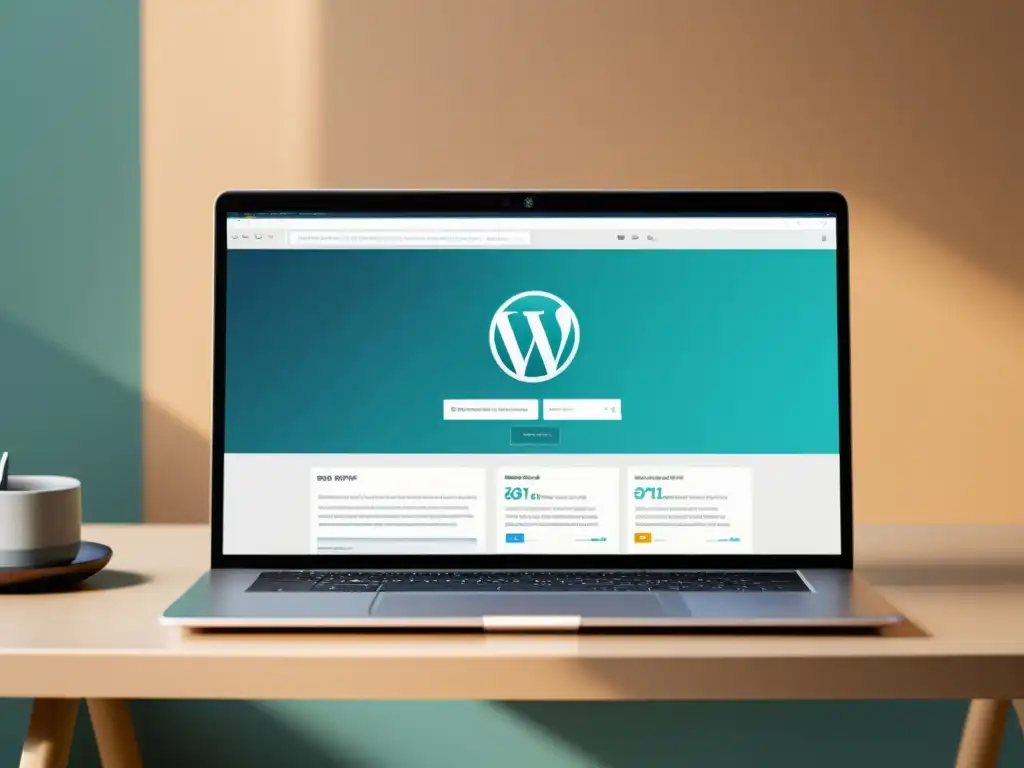 Actualización a PHP 8 en WordPress: Guía Profesional Actualización de PHP 8 en WordPress: Moderno portátil con dashboard de WordPress mostrando el proceso con iluminación suave y profesional