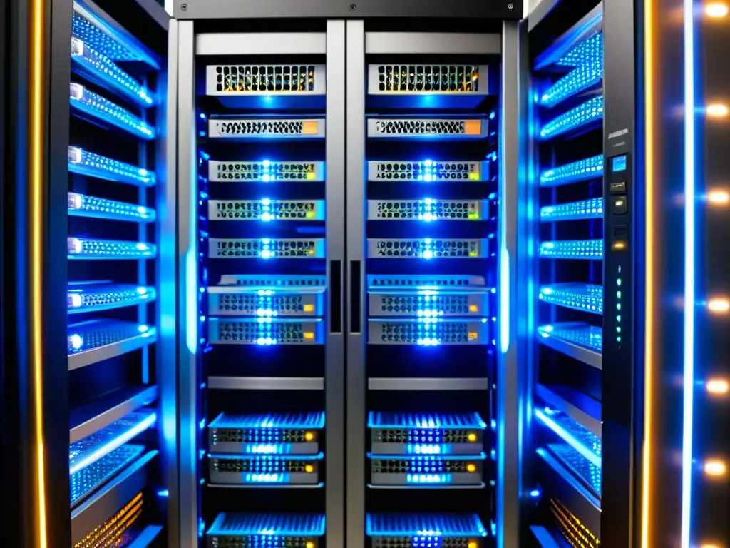 Servidores de última generación: tecnología puntera en imagen detallada Un moderno rack de servidores con diseño elegante y luces LED vibrantes