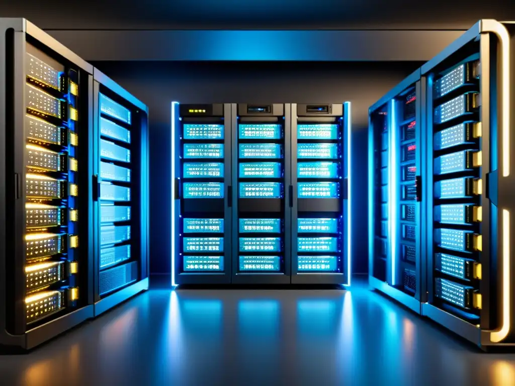 Infraestructura SSD de alta velocidad: servidor futurista Un moderno rack de servidores lleno de unidades SSD de última generación, organizadas con luces LED brillantes, reflejando un ambiente futurista y profesional que destaca el rendimiento del SSD hosting