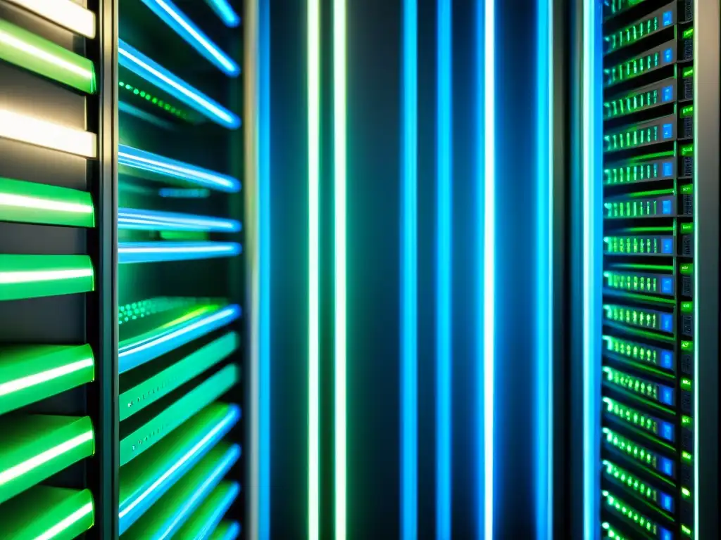 Infraestructura de servidor de vanguardia Un moderno rack de servidores con luces parpadeantes y organización impecable, reflejando un ambiente tecnológico futurista