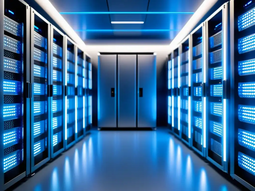Un moderno rack de servidores con luces azules, cables ordenados y tecnología avanzada