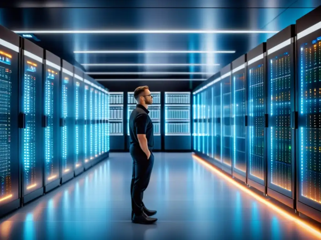 Centro de datos moderno: servidores brillantes y tecnología futurista Data center moderno con servidores brillantes y displays holográficos mostrando métricas de ROI en un entorno profesional de alta tecnología