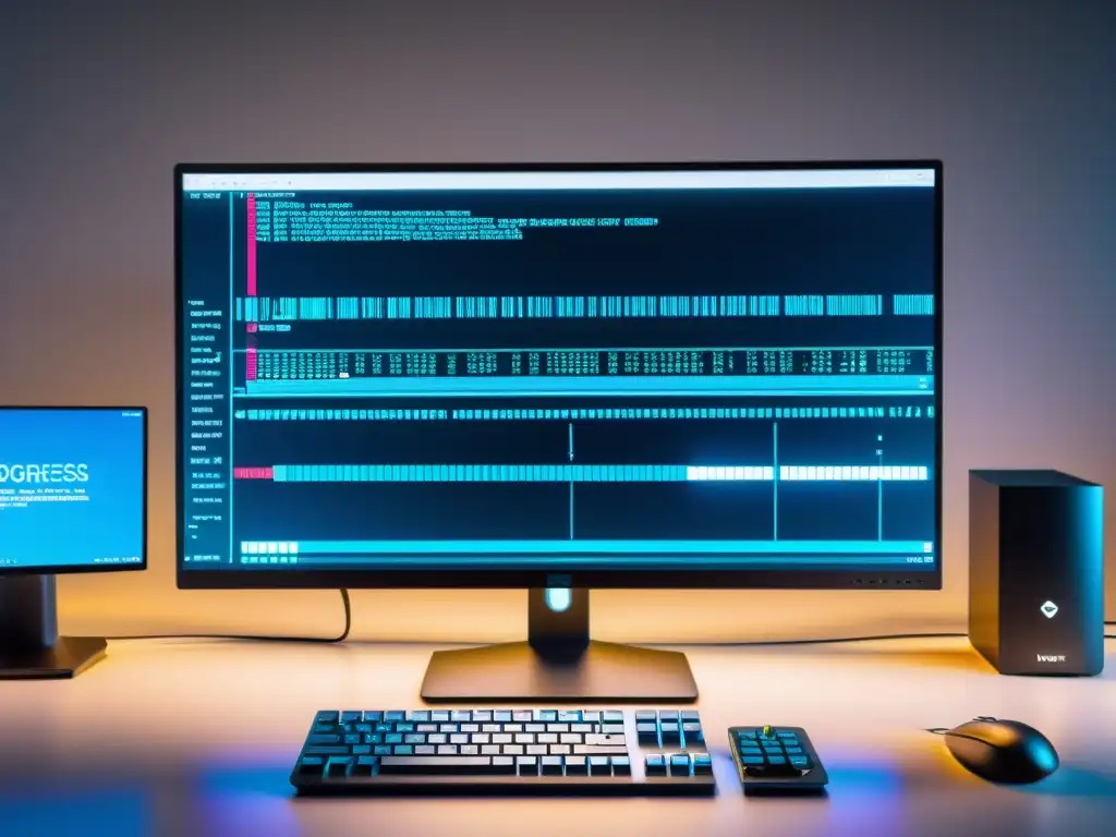 Monitor de computadora con código y equipo de programación avanzado Monitor de computadora moderno mostrando código con barra de progreso, teclados y accesorios futuristas