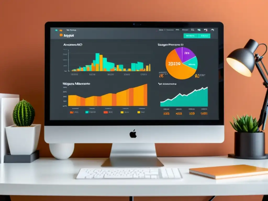 Análisis de rendimiento de Magento: monitor moderno Un monitor moderno muestra gráficos detallados sobre el rendimiento de las actualizaciones de Magento en un entorno minimalista