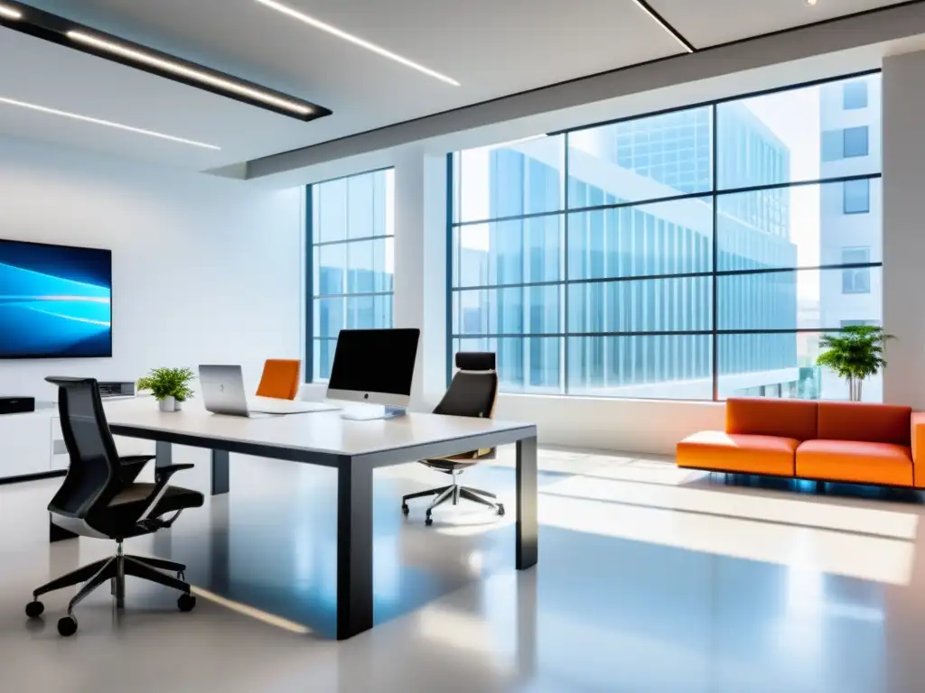 Oficina futurista con tecnología de vanguardia y diseño minimalista Oficina futurista y minimalista con tecnología de punta