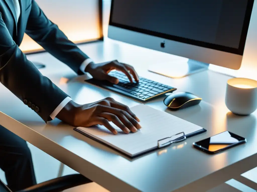 Oficina moderna con escritorio organizado y profesional trabajando Oficina moderna con computadora, organización impecable y persona trabajando en email