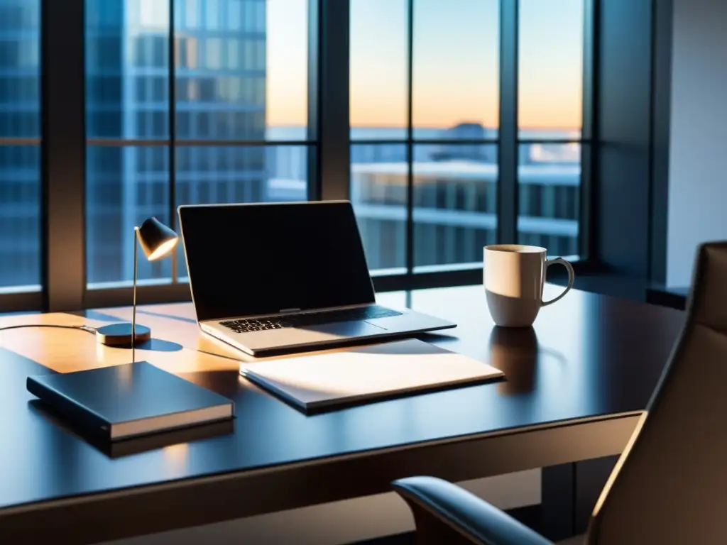 Oficina moderna con escritorio elegante y accesorios minimalistas Una oficina moderna con una elegante computadora, lámpara, café, y suministros de oficina