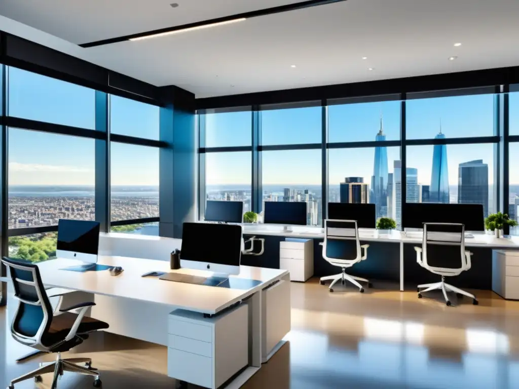 Oficina moderna con vista a la ciudad: diseño minimalista y profesional Oficina moderna y elegante con vistas a la ciudad, ideal para startups comparando hosting compartido vs dedicado