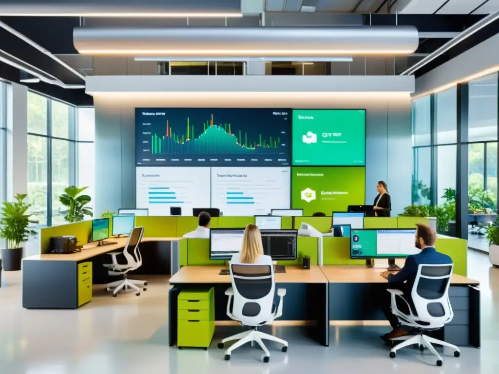 Oficina moderna con pantalla dinámica de Docker y equipo colaborador Oficina moderna con equipo colaborando, pantalla de Docker y ambiente innovador