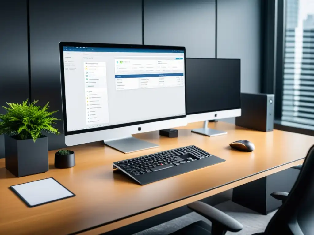 Oficina moderna: escritorio de alta tecnología y eficiencia Oficina moderna con escritorio elegante, computadora de alta gama, monitores duales y persona profesional trabajando