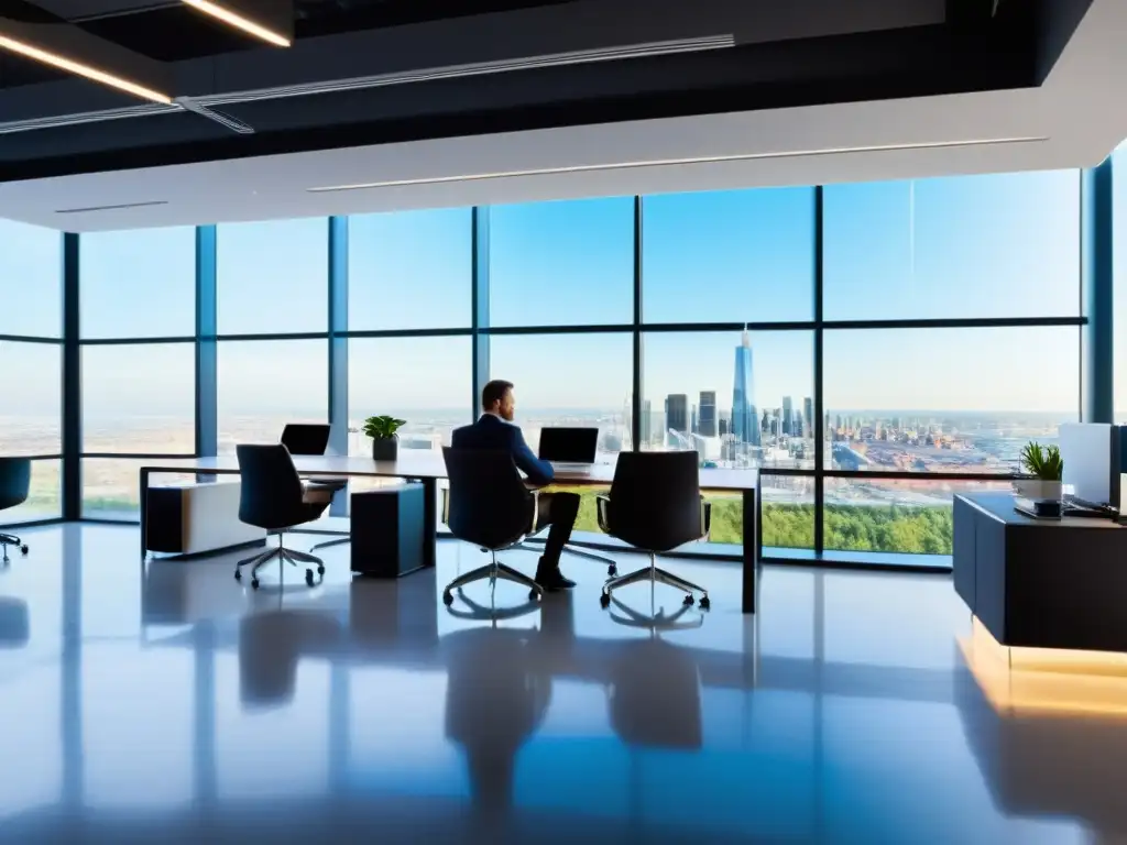 Oficina moderna y productiva con vista a la ciudad Oficina moderna con hosting con soporte premium para empresas: ambiente profesional y colaborativo con tecnología de vanguardia y vistas a la ciudad