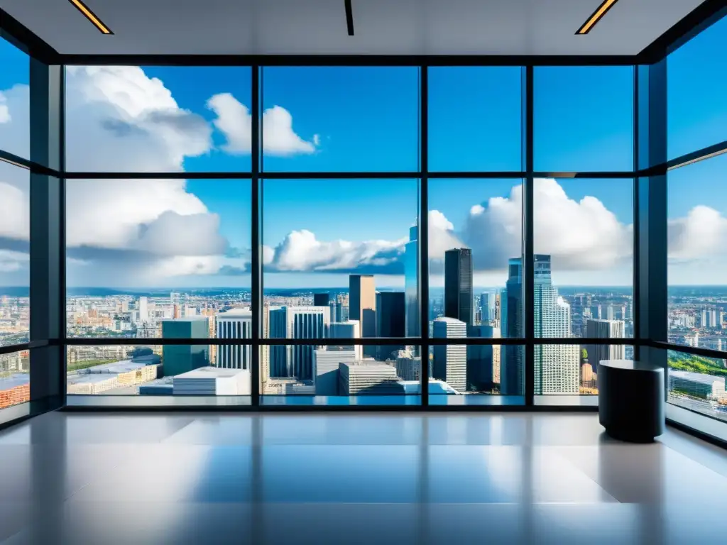 Oficina moderna con vista a la ciudad para empresas en la nube Oficina moderna con vista panorámica a la ciudad, simbolizando los beneficios del hosting multicloud para startups