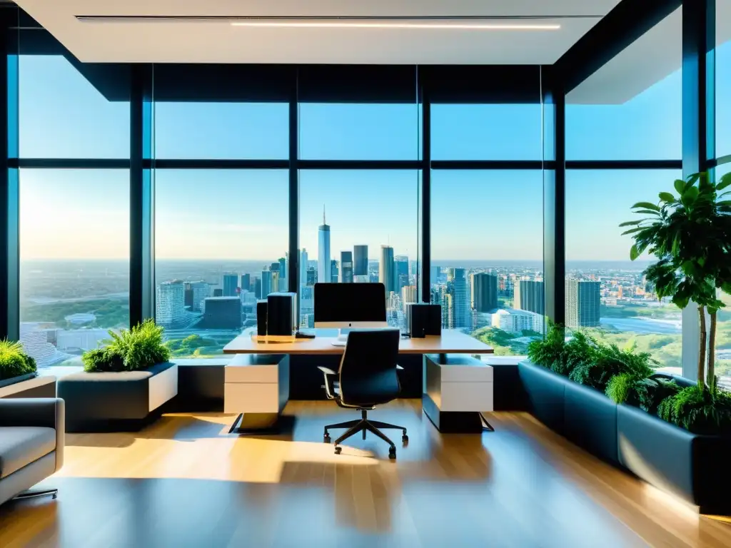 Inspirador espacio de oficina para startups con vista panorámica Oficina moderna con vista panorámica a la ciudad para startups