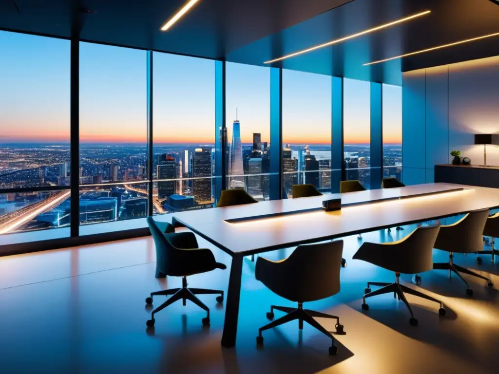 Oficina moderna con vista panorámica y equipo innovador Oficina moderna con vista panorámica de la ciudad, reflejando el espíritu de posicionamiento estratégico en el servicio de hosting web
