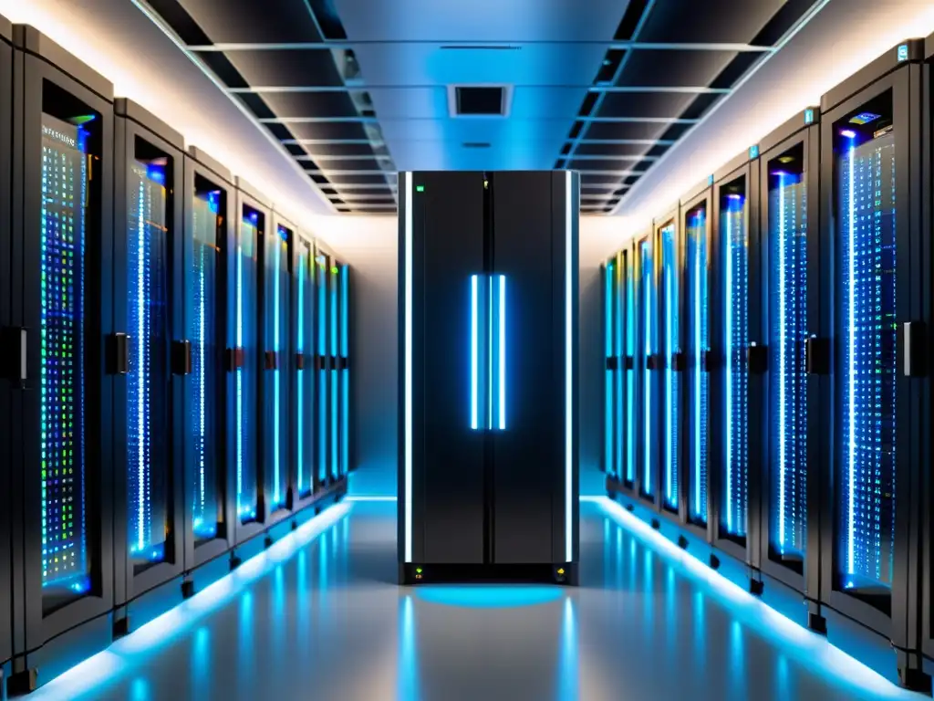 Centro de datos futurista con servidores de vanguardia Un paisaje tecnológico cautivador de un centro de datos moderno, con servidores elegantes y sistemas de enfriamiento sofisticados