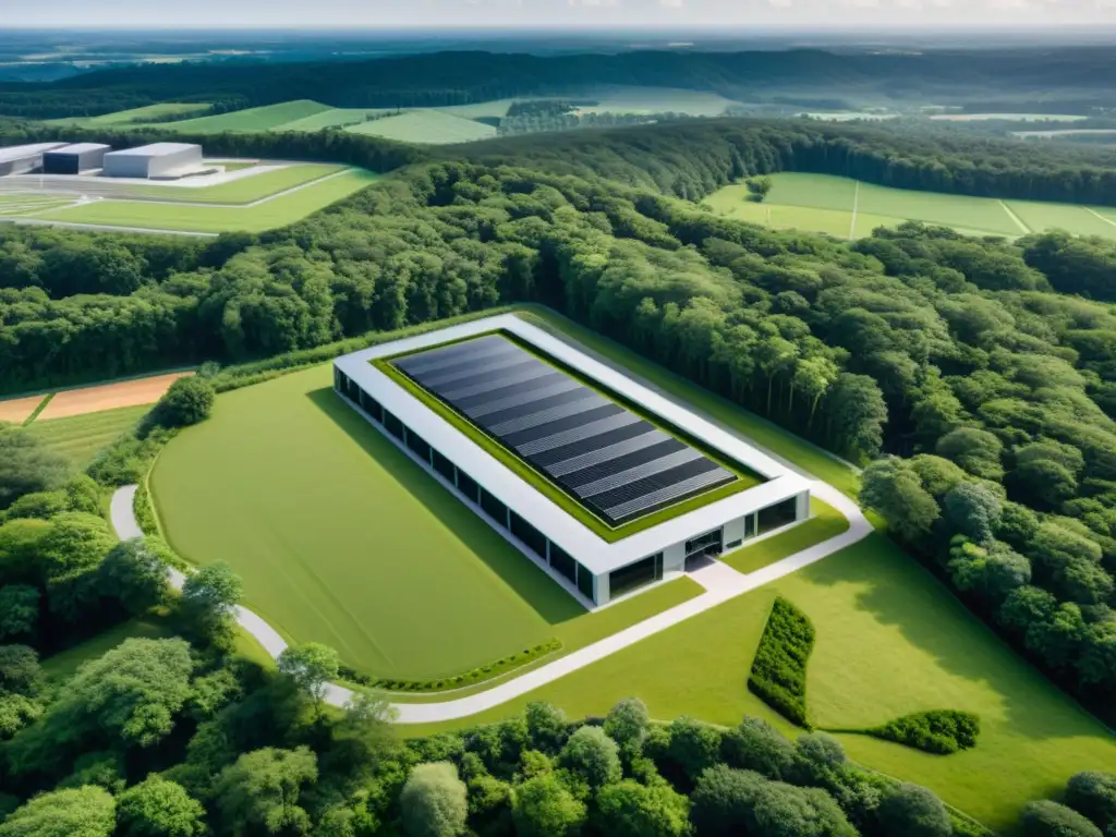 Centro de datos en entorno natural: armonía tecnológica Data center en paisaje verde, balance perfecto entre tecnología y naturaleza, localización servidor SEO velocidad carga