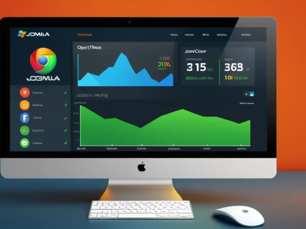 Opciones de hosting Joomla: dashboard moderno y vibrante Panel elegante y moderno de hosting web para Joomla con opciones detalladas y vibrante esquema de colores, mostrando profesionalidad y versatilidad