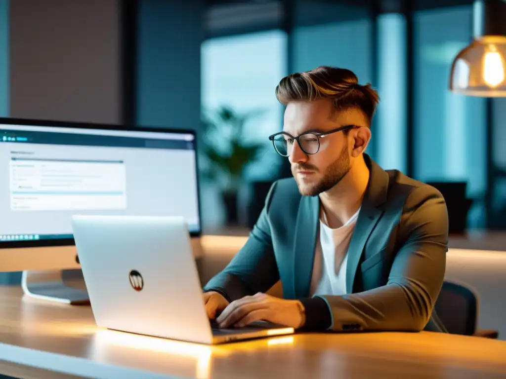 Experto en WordPress: Trabajo eficiente en oficina moderna Una persona concentrada trabaja en un laptop en un entorno de oficina moderno