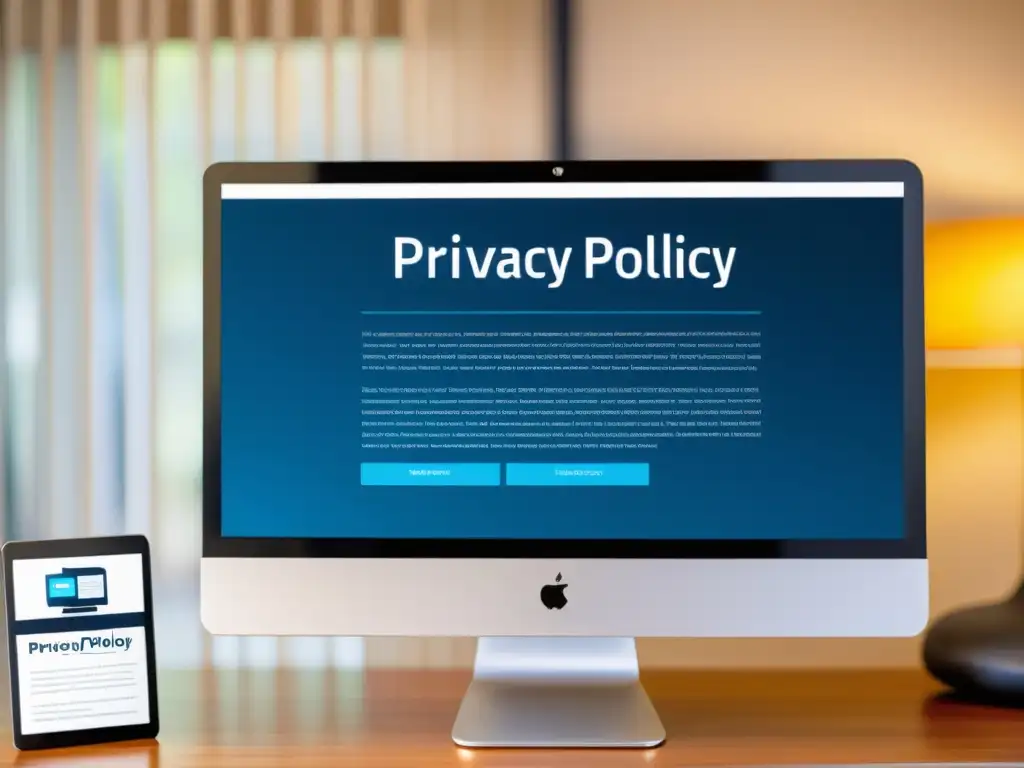 Política de privacidad web en 8k: profesionalidad y modernidad Interpretando políticas privacidad hosting web: Imagen detallada de una página de políticas de privacidad en un monitor moderno, con iconos de privacidad y patrones abstractos de seguridad