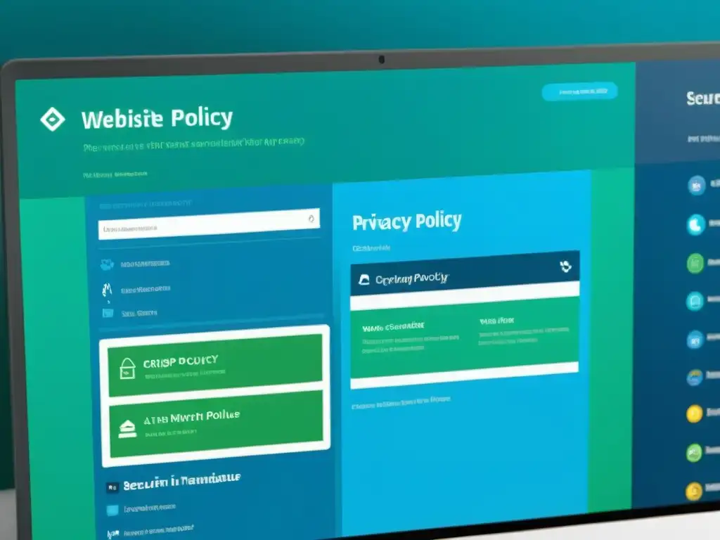 Política de privacidad de plataforma de hosting: diseño moderno y confiable Interpretando políticas privacidad hosting web en una pantalla de computadora con diseño moderno y elementos de seguridad