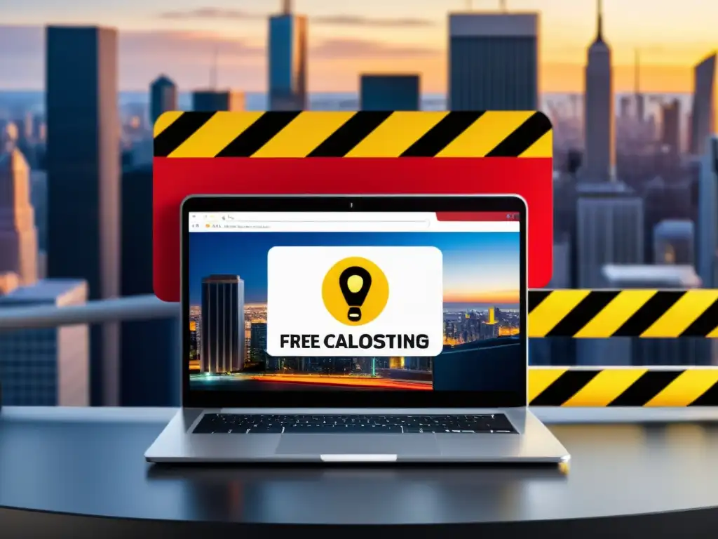 Riesgos de Hosting Gratuito: Advertencia en Laptop Rojo Portátil moderno con un símbolo de exclamación rojo en la pantalla, rodeado de cinta de precaución, y una ciudad al fondo, simbolizando los riesgos potenciales del alojamiento web gratuito para proyectos personales