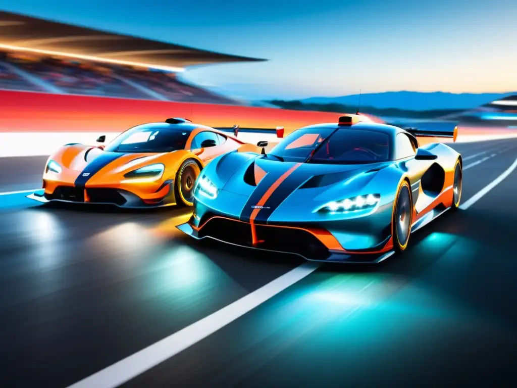 DreamHost vs InMotion Hosting: Duelo de Velocidad y Confiabilidad Dos potentes autos compiten en una pista futurista, representando el duelo de velocidad y confiabilidad hosting entre DreamHost e InMotion Hosting