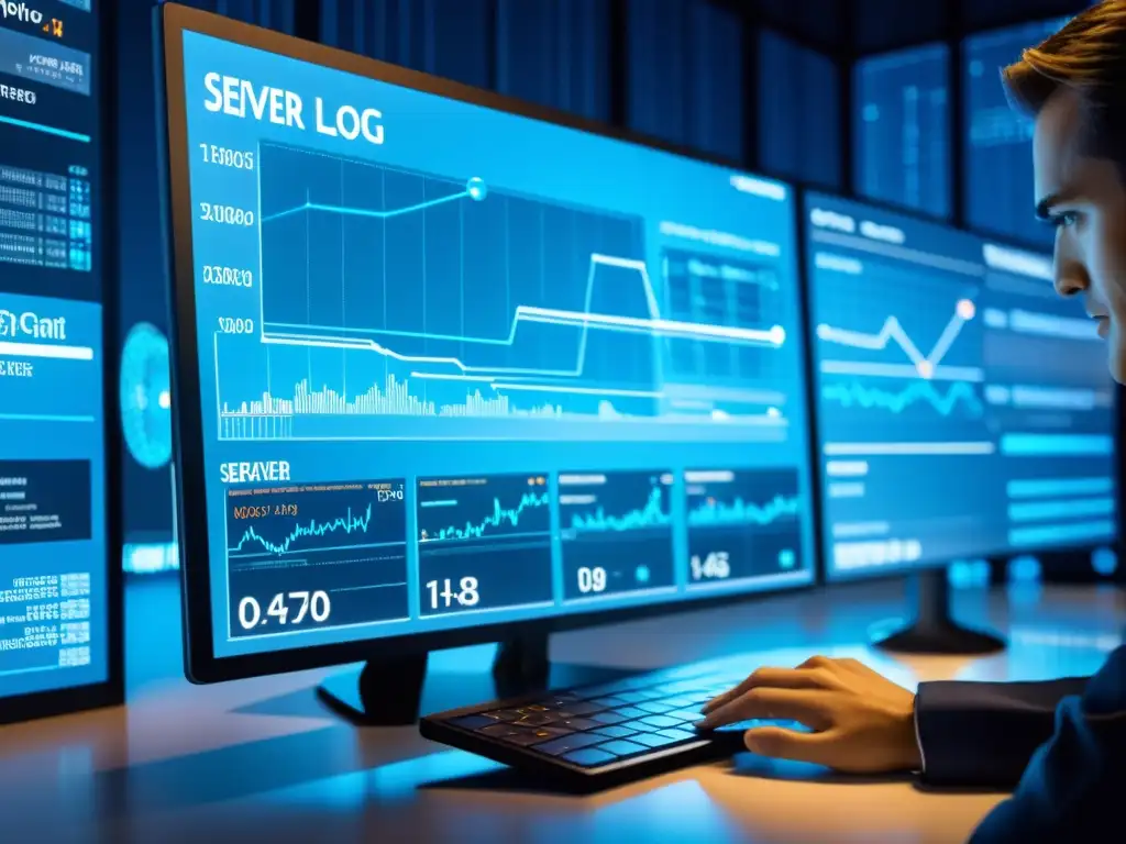 Análisis de datos de servidor para estrategia SEO Profesional analizando datos de logs del servidor para SEO en una interfaz futurista iluminada en azul