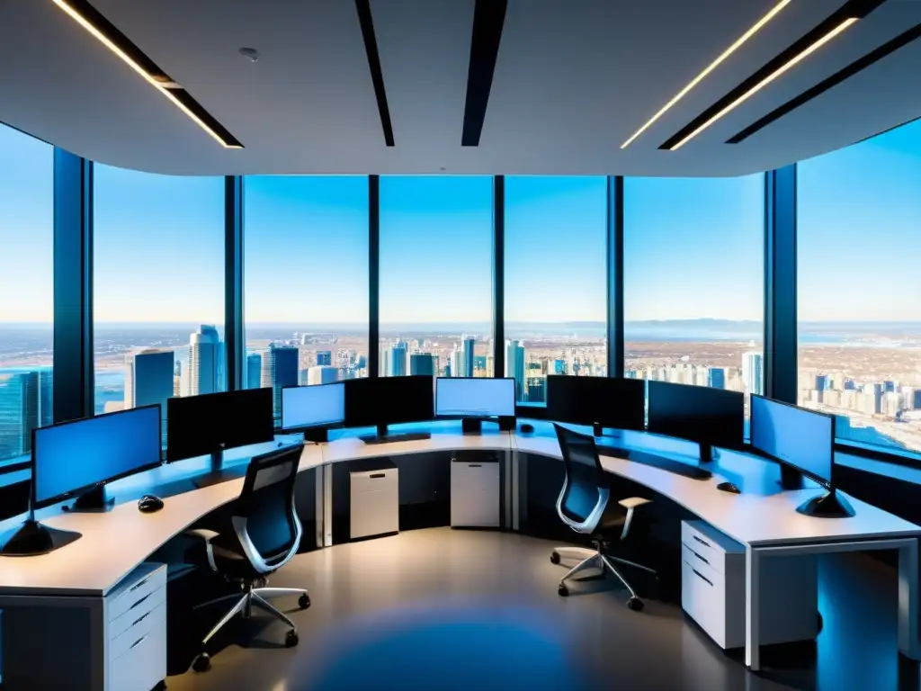 Oficina futurista con equipo de última generación y vista panorámica Profesionales respaldando copias de seguridad offsite web en moderna oficina, con vista panorámica y ambiente futurista
