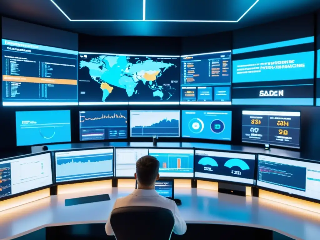 Control room 8k: Estrategias de monitorización web en tiempo real Profesionales analizan datos en sala de control futurista con monitores de tecnología moderna