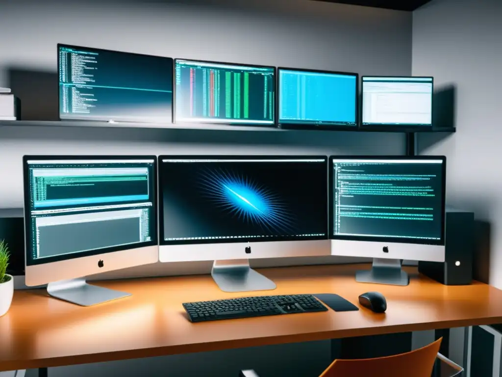 Estación de trabajo de alta tecnología para programadores en Magento Programador trabajando en moderna estación de trabajo con computadora de alta gama y monitores mostrando código