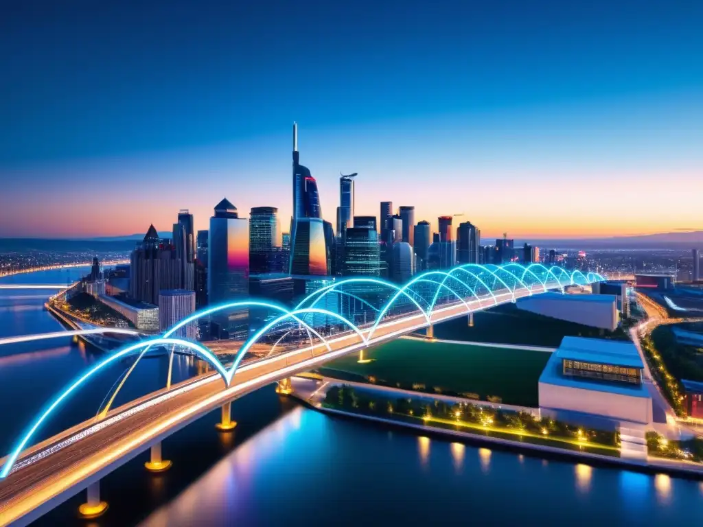 Infraestructura de CDN futurista iluminada en la ciudad al atardecer Una red de entrega de contenido futurista iluminada en la ciudad al anochecer, transmitiendo una experiencia avanzada para el usuario