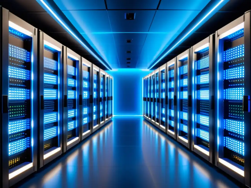 Centro de Datos Futurista: Tecnología Avanzada en Acción Una red de entrega de contenidos para acelerar sitio web: data center futurista con servidores de alta tecnología y luces LED brillantes en tono azul