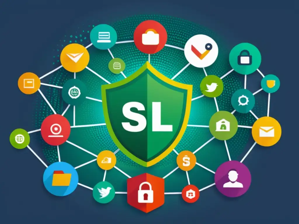 Red segura: Multidomain SSL para webs confiables Una red segura e interconectada de sitios web con certificados SSL múltiples, destacando la protección y confianza que ofrecen